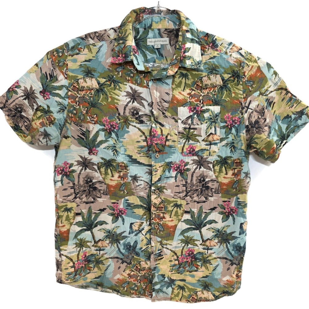 Tricots St Raphael Shirt Mens Large Color Hawaiian Aloha Tropical Button Front